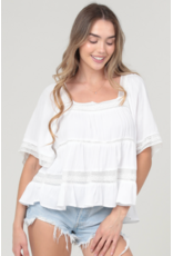 Crochet Trim Top with Elbow Length Sleeves (White)