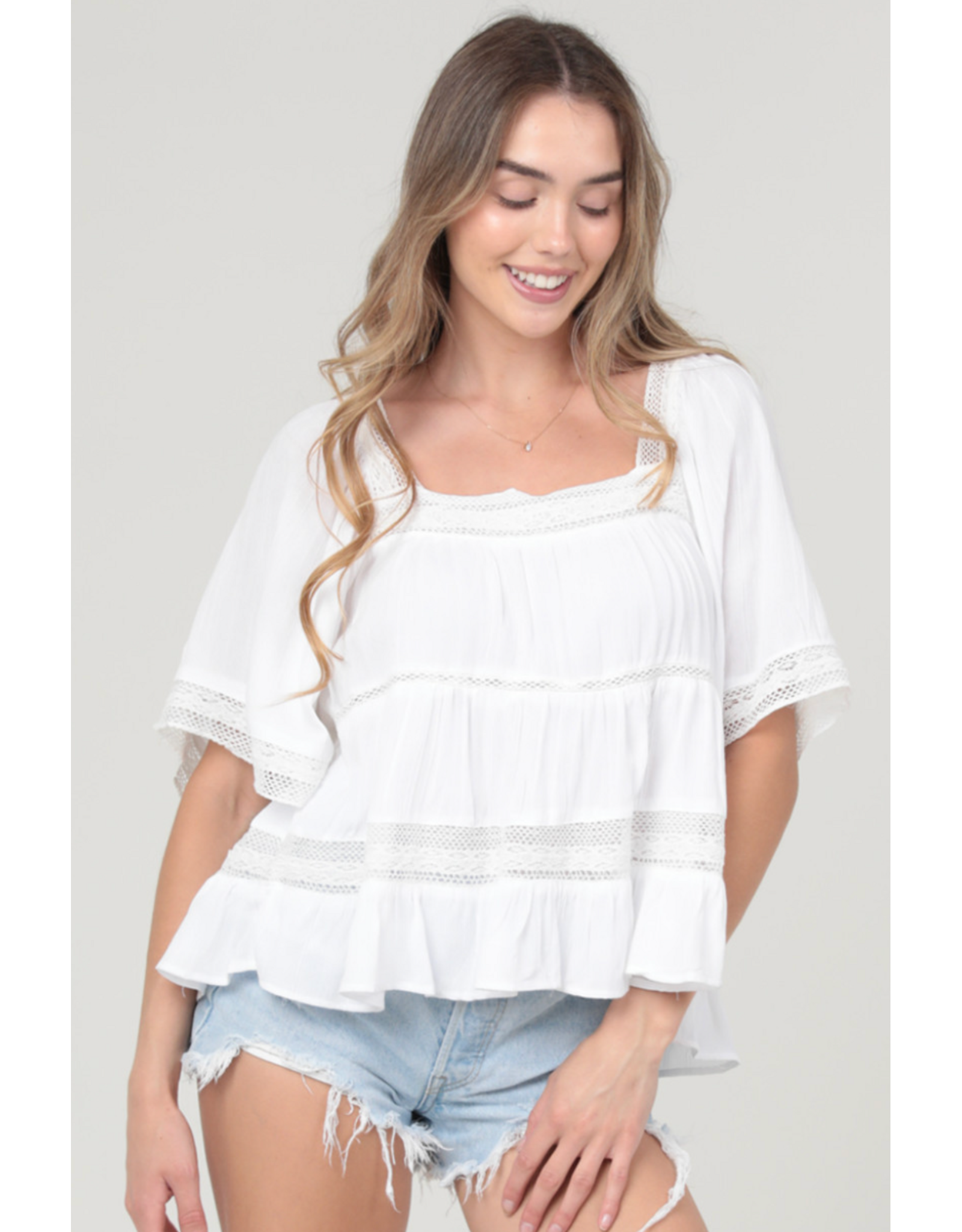 Crochet Trim Top with Elbow Length Sleeves (White)