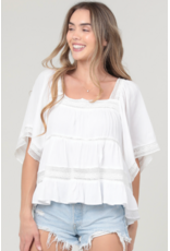 Crochet Trim Top with Elbow Length Sleeves (White)