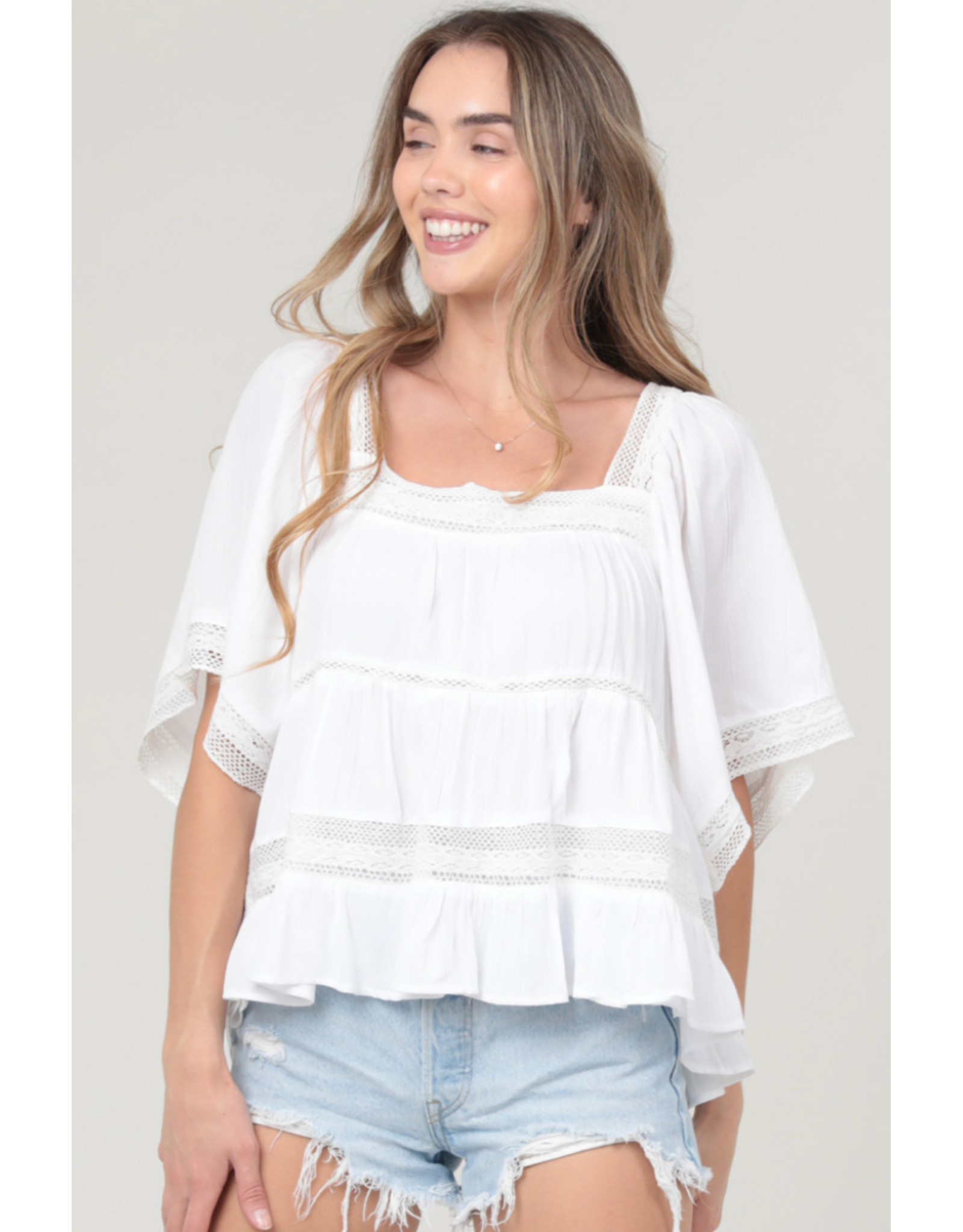 Crochet Trim Top with Elbow Length Sleeves (White)