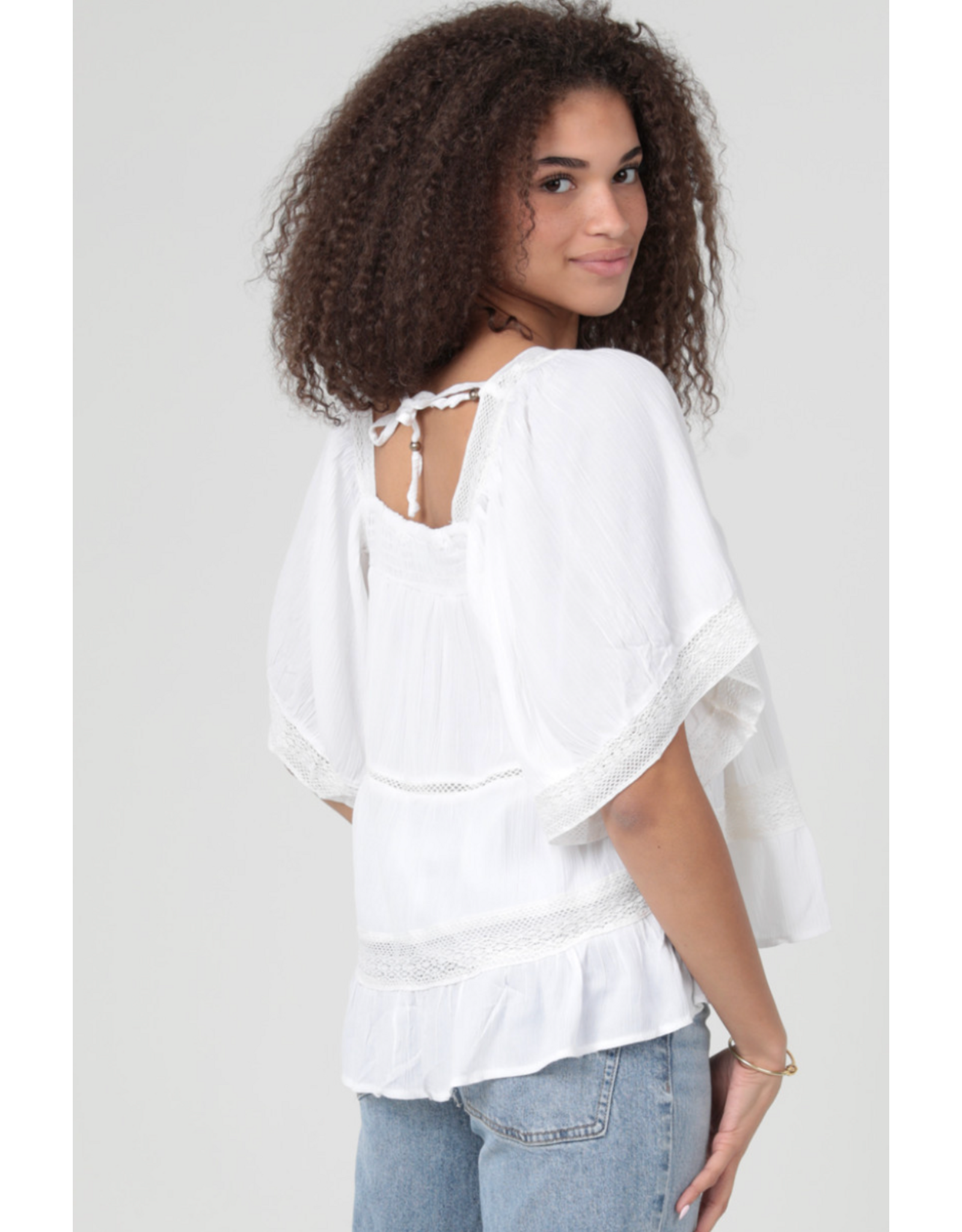 Crochet Trim Top with Elbow Length Sleeves (White)
