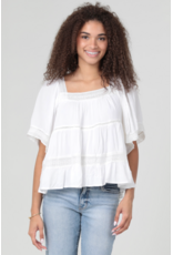 Crochet Trim Top with Elbow Length Sleeves (White)