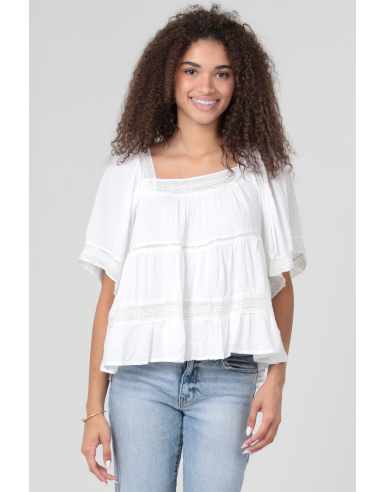 Crochet Trim Top with Elbow Length Sleeves (White)