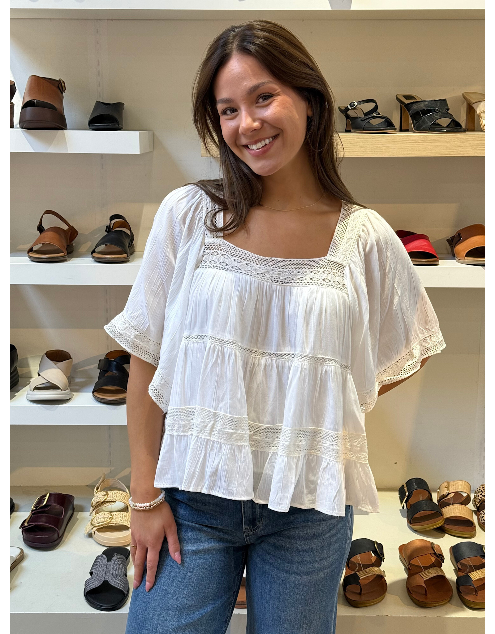 Crochet Trim Top with Elbow Length Sleeves (White)