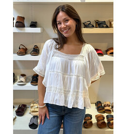 Crochet Trim Top with Elbow Length Sleeves (White)