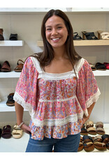Floral Print Crochet Trim Top with Elbow Length Sleeves (Pink)