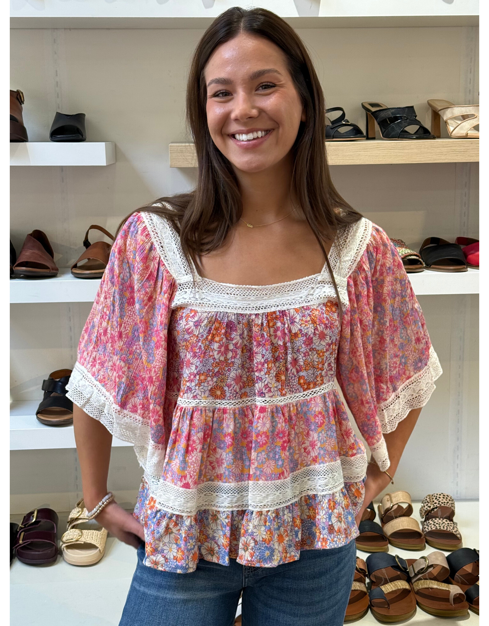 Floral Print Crochet Trim Top with Elbow Length Sleeves (Pink)
