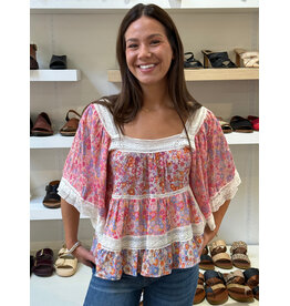 Floral Print Crochet Trim Top with Elbow Length Sleeves (Pink)