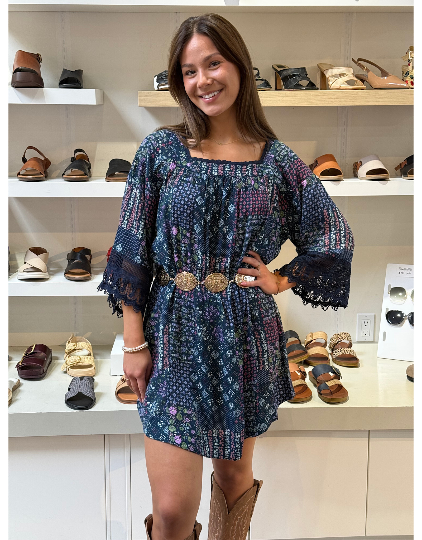 Easel Patchwork Print Flowy Dress (Blueberry)