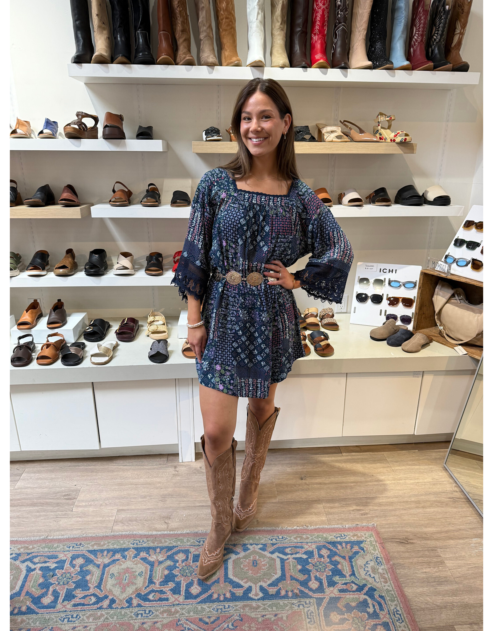 Easel Patchwork Print Flowy Dress (Blueberry)