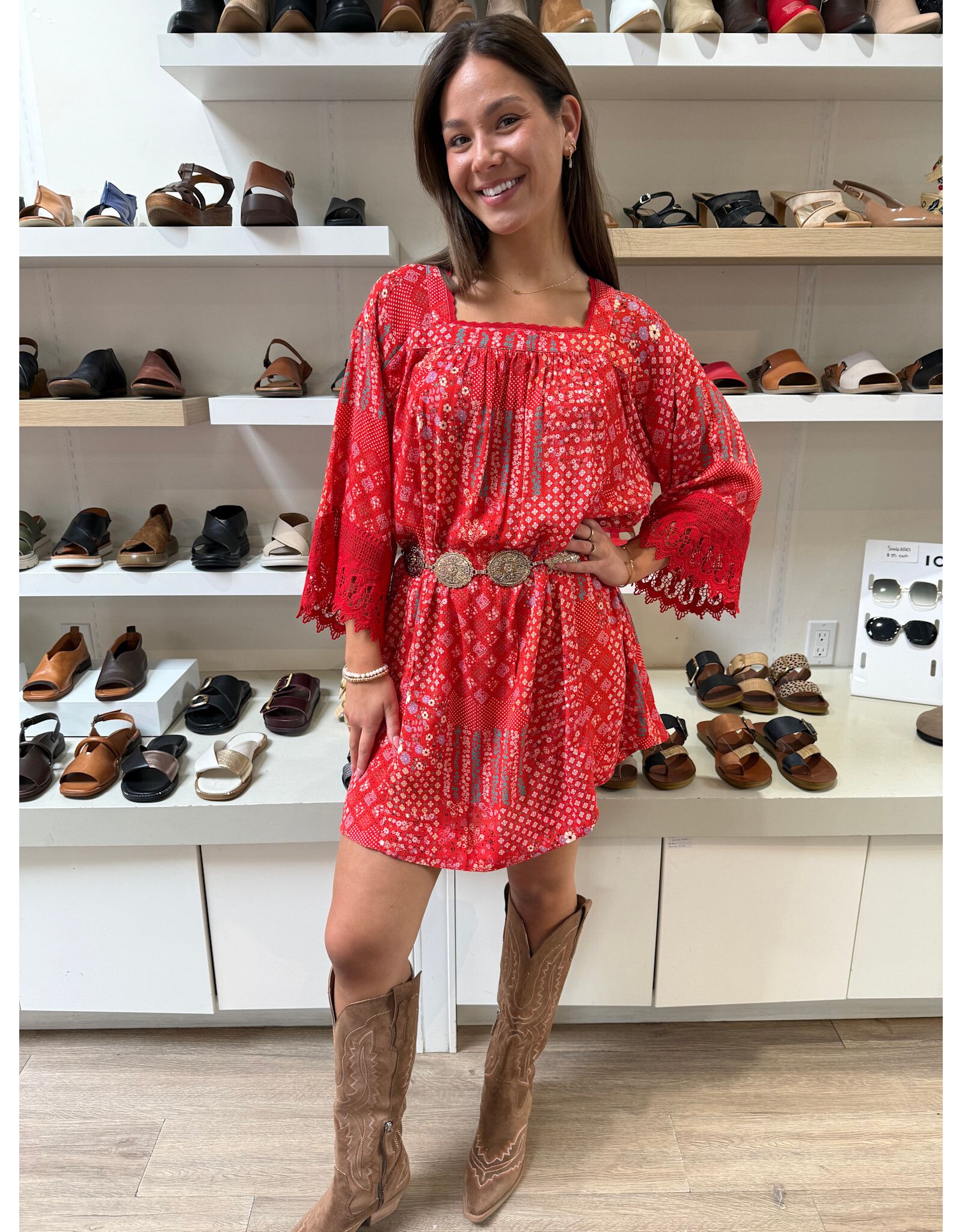 Easel Patchwork Print Flowy Dress (Strawberry)