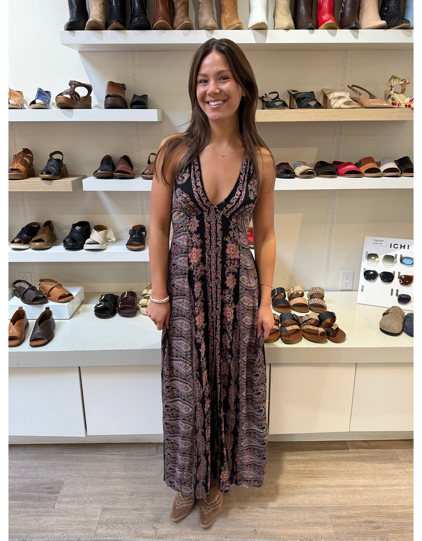 V Neck Halter Neck Maxi Dress (Black)