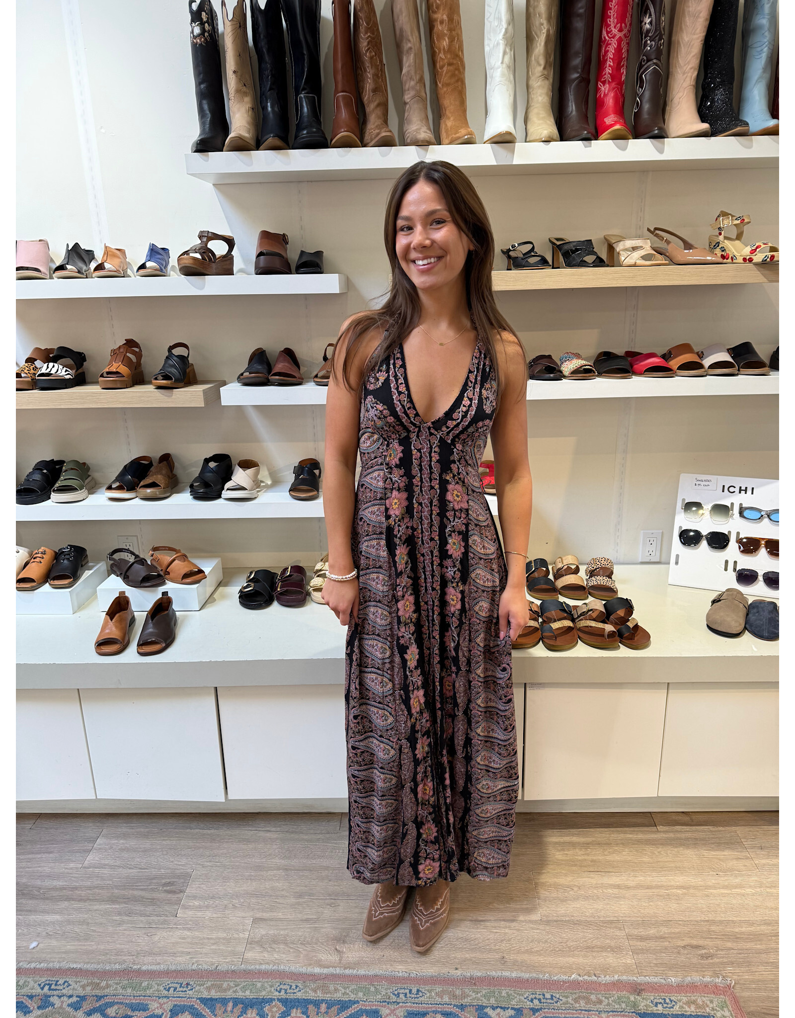 V Neck Halter Neck Maxi Dress (Black)