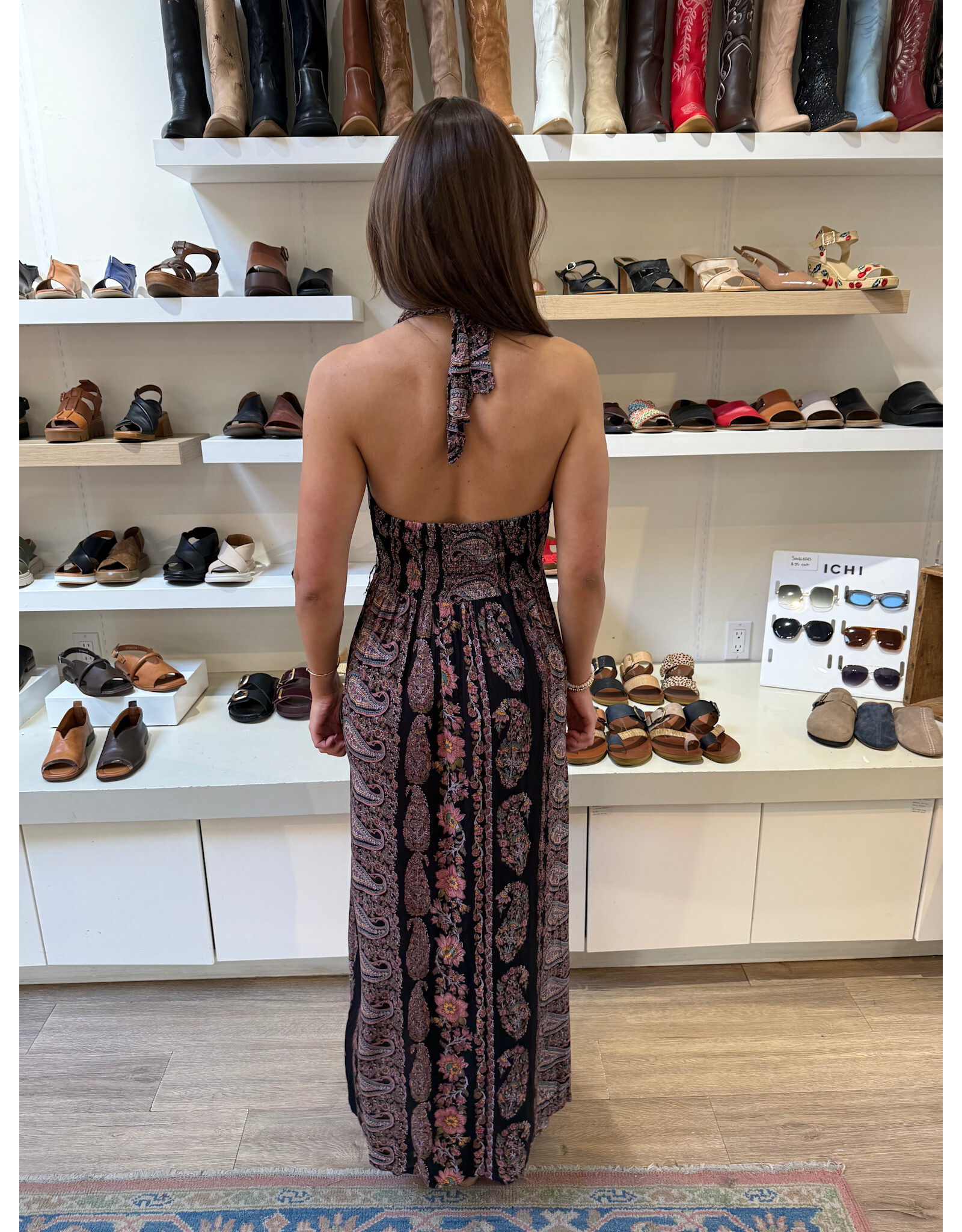 V Neck Halter Neck Maxi Dress (Black)