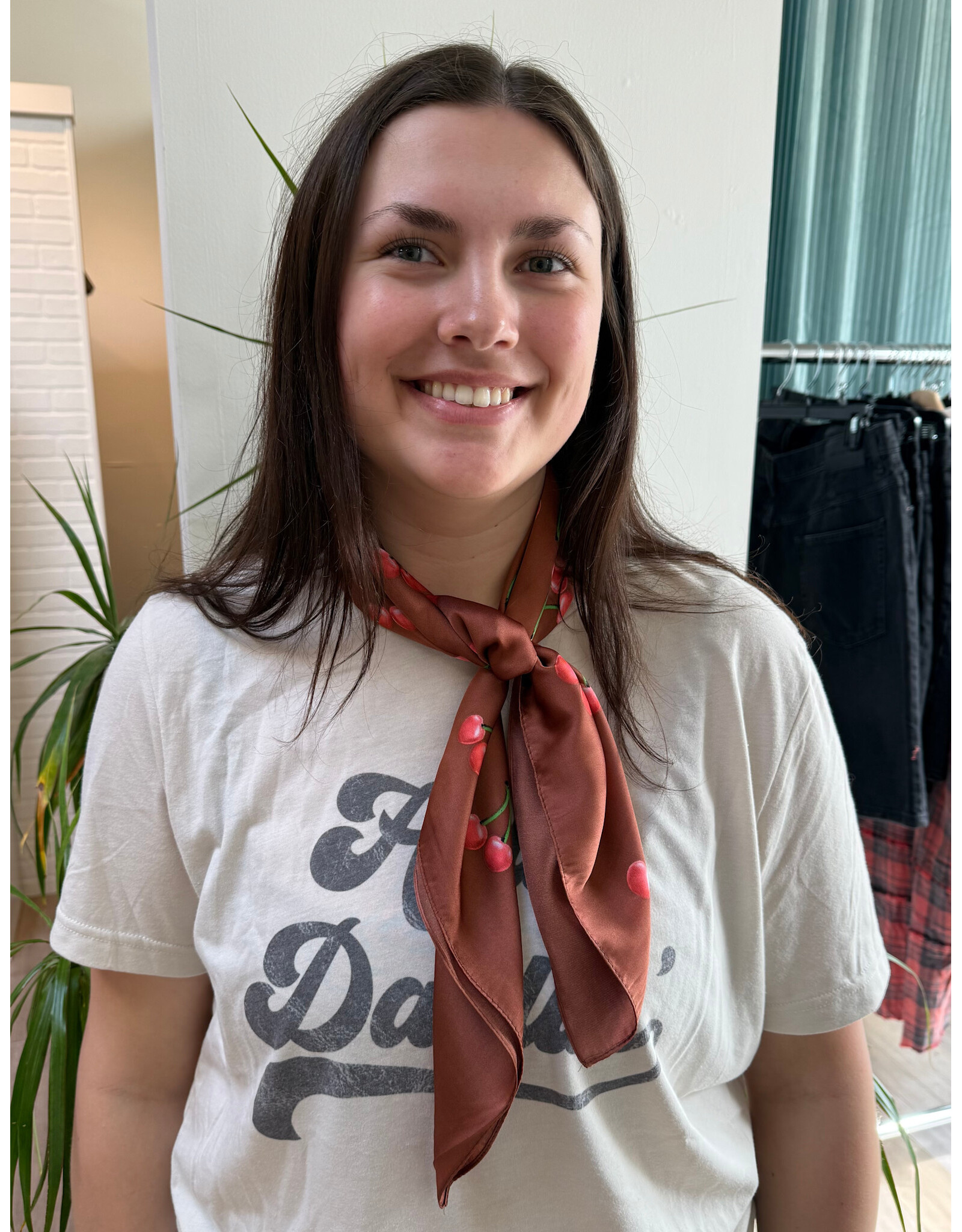 Fame Accessories Cherry Print Brown Square Bandana Scarf