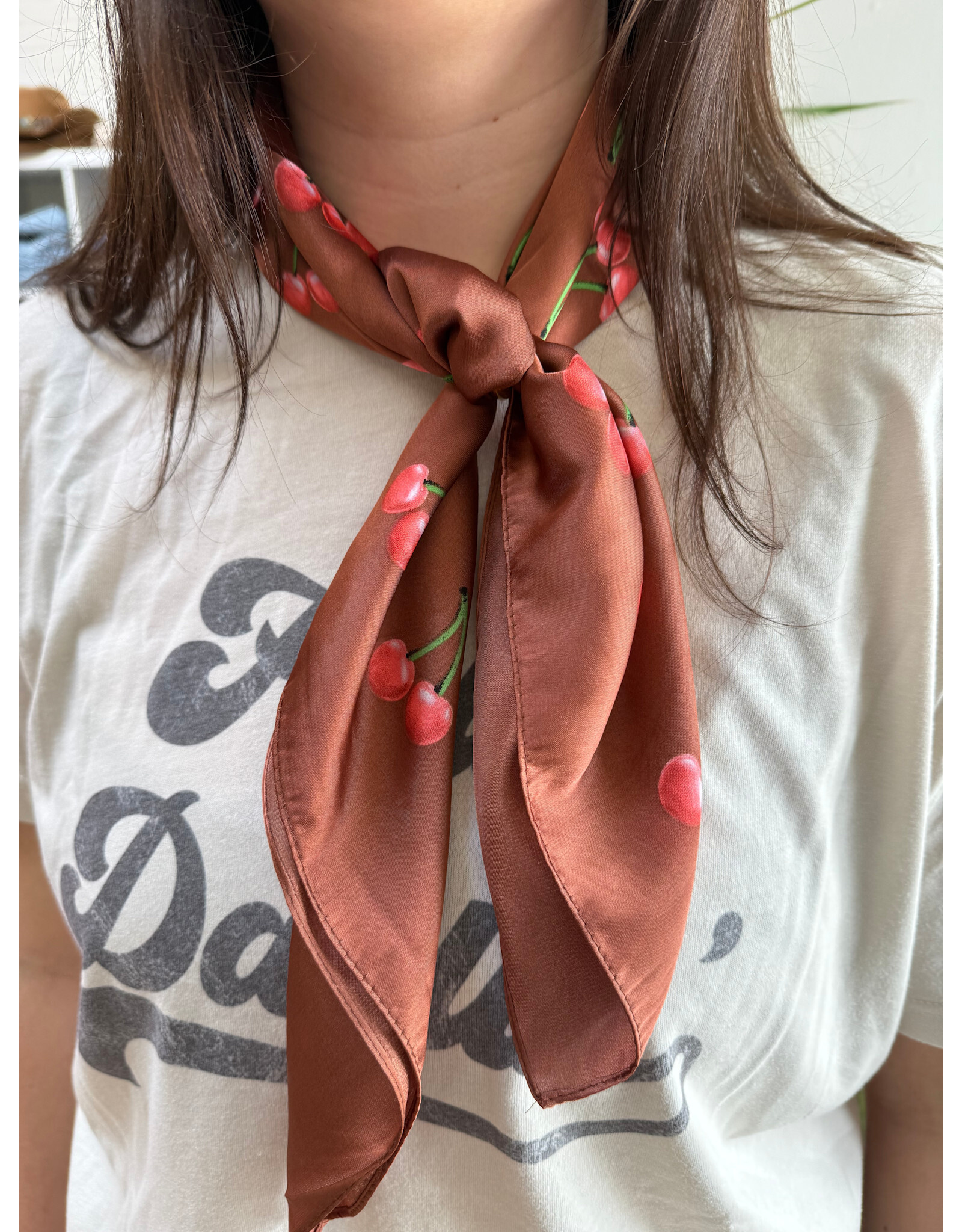 Fame Accessories Cherry Print Brown Square Bandana Scarf