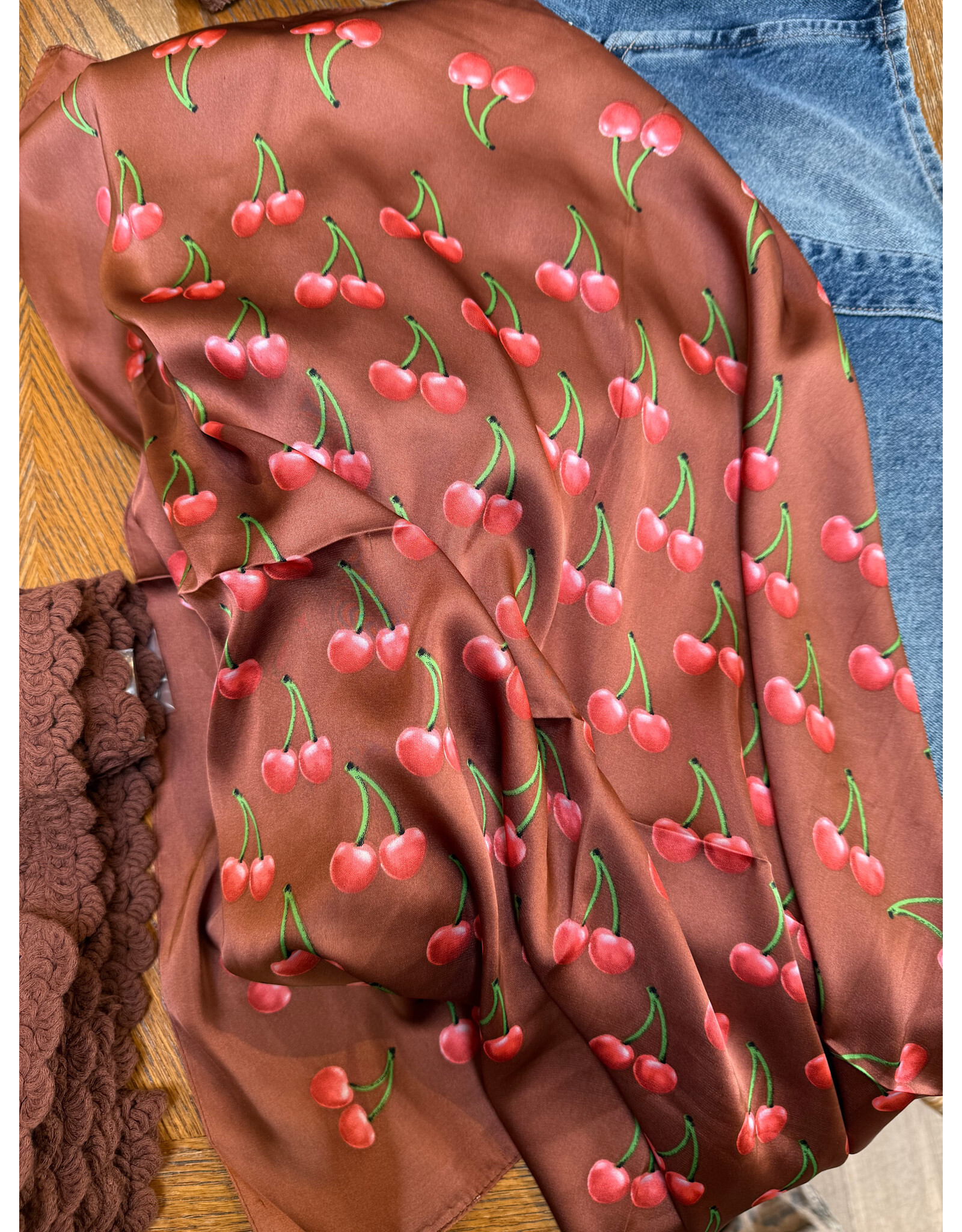 Fame Accessories Cherry Print Brown Square Bandana Scarf