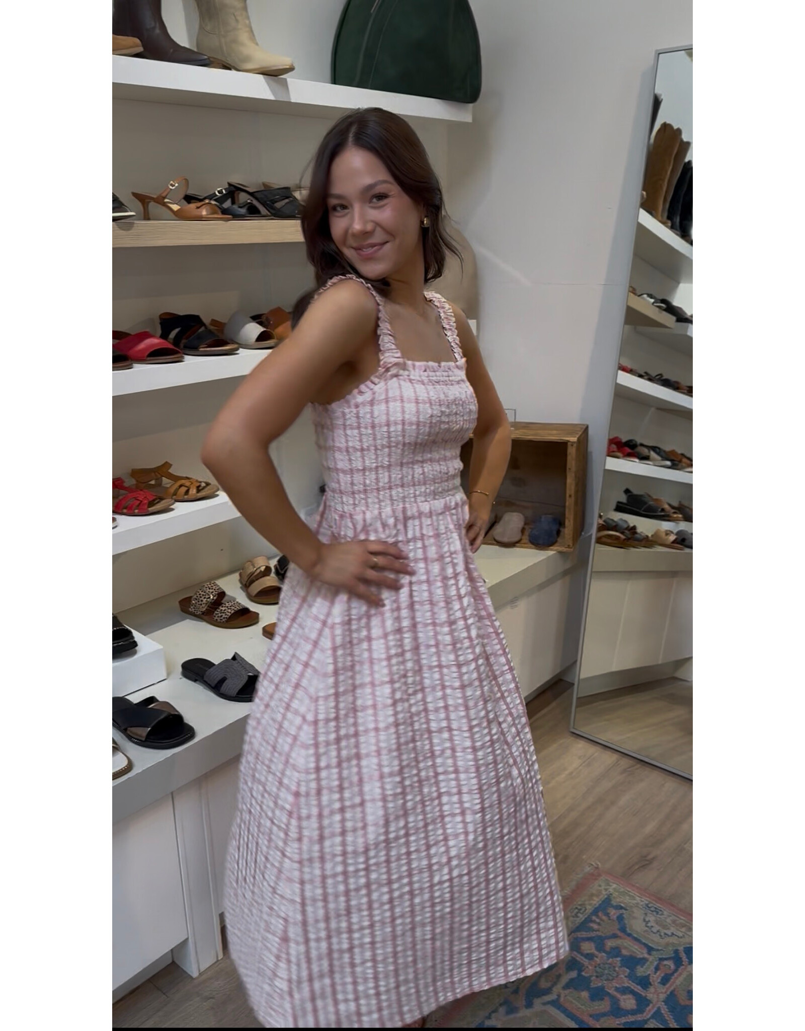 b.young b.young - Genya Square Neck Midi Dress (Pink Check)