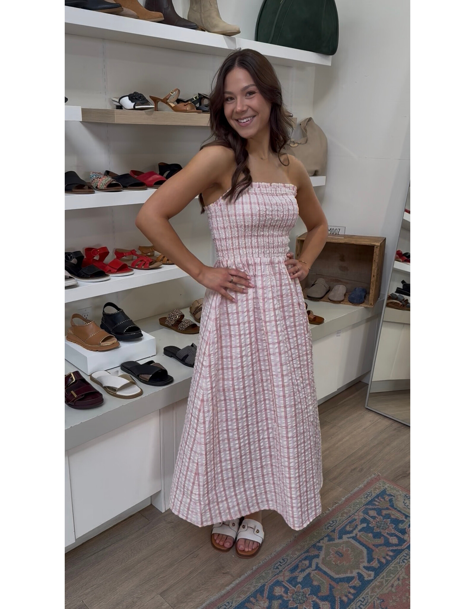 b.young b.young - Genya Square Neck Midi Dress (Pink Check)
