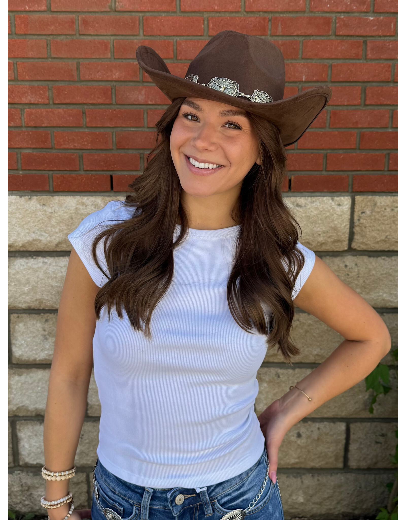 Fame Accessories Western Concho Band Cowboy Hat (Dark Brown)
