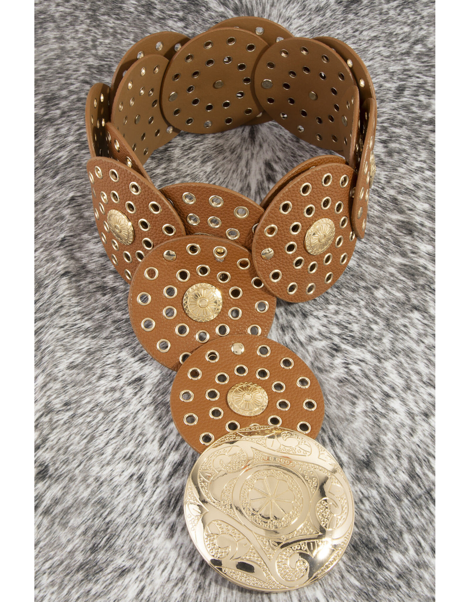 Fame Accessories Faux Leather Grommet Disc Chain Belt (Brown)