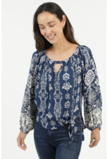 Nostalgia Long Sleeve Scarf Print Top with Keyhole Neckline, Side Tie (Navy)