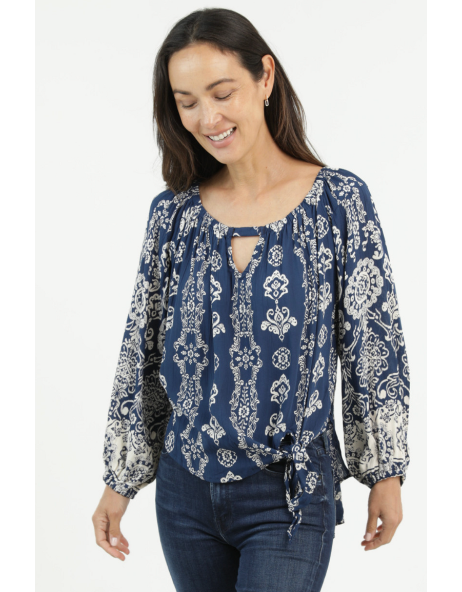 Nostalgia Long Sleeve Scarf Print Top with Keyhole Neckline, Side Tie (Navy)
