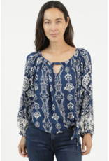 Nostalgia Long Sleeve Scarf Print Top with Keyhole Neckline, Side Tie (Navy)