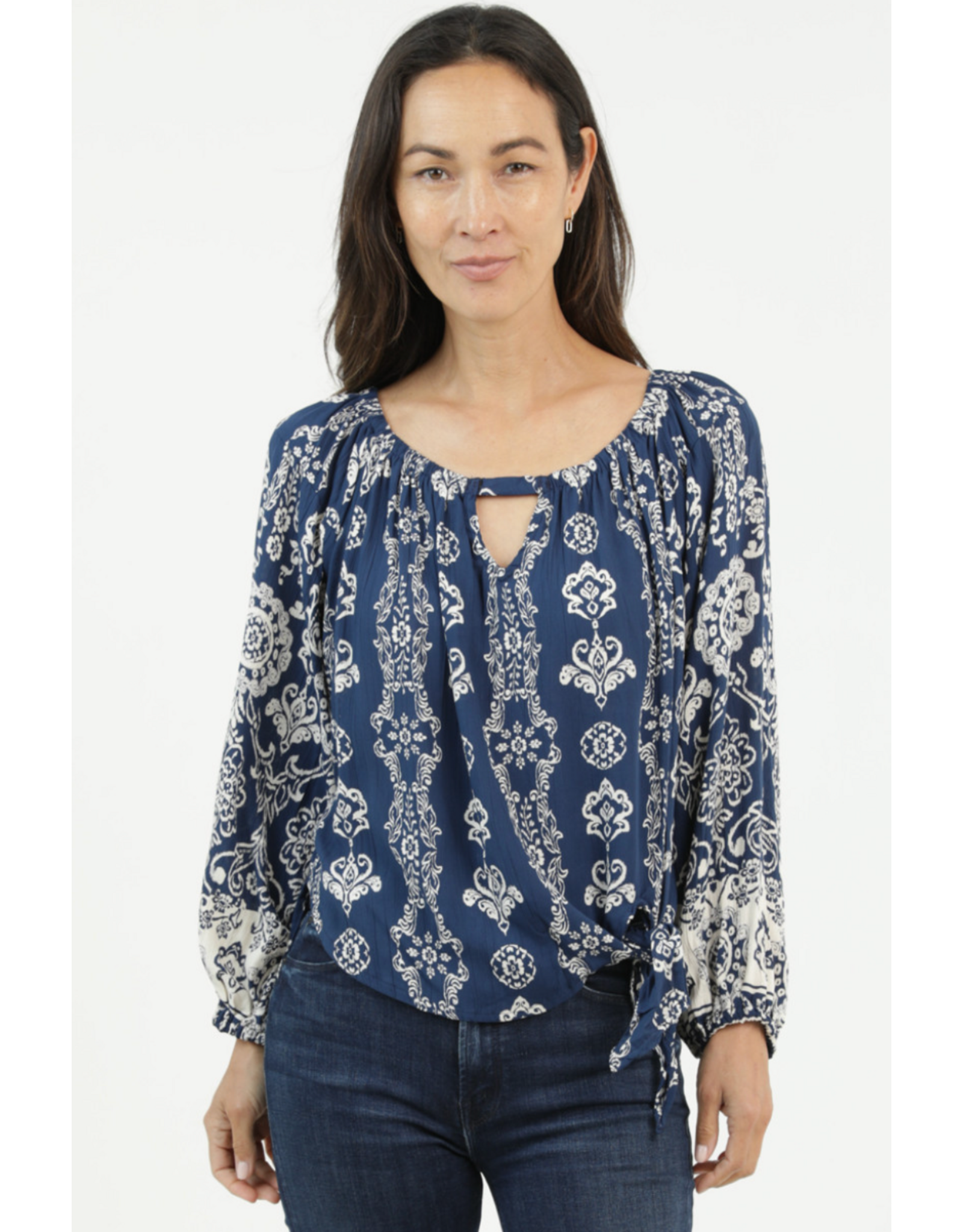 Nostalgia Long Sleeve Scarf Print Top with Keyhole Neckline, Side Tie (Navy)