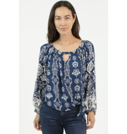 Nostalgia Long Sleeve Scarf Print Top with Keyhole Neckline, Side Tie (Navy)
