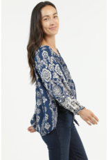 Nostalgia Long Sleeve Scarf Print Top with Keyhole Neckline, Side Tie (Navy)