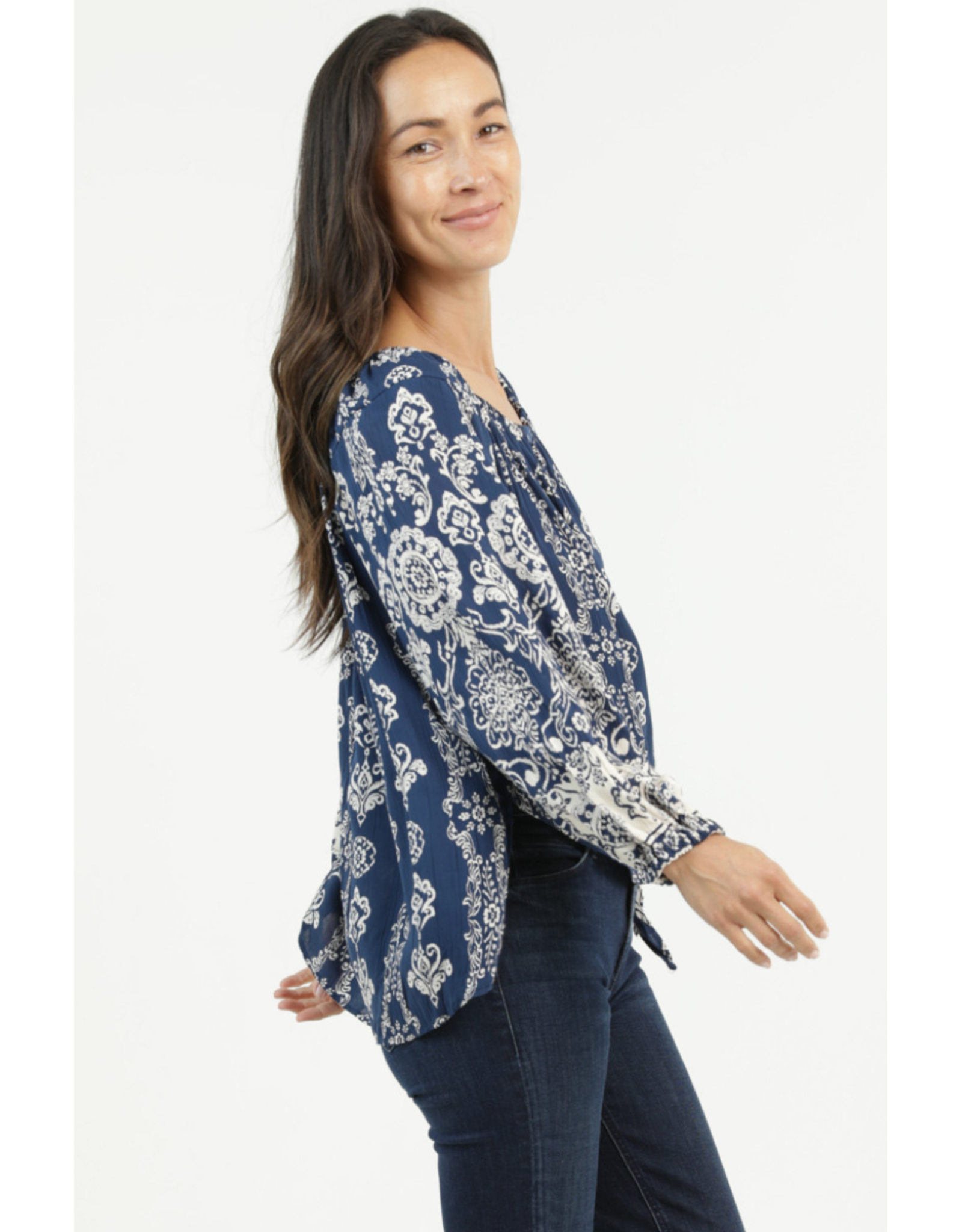 Nostalgia Long Sleeve Scarf Print Top with Keyhole Neckline, Side Tie (Navy)