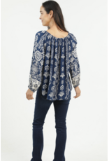 Nostalgia Long Sleeve Scarf Print Top with Keyhole Neckline, Side Tie (Navy)