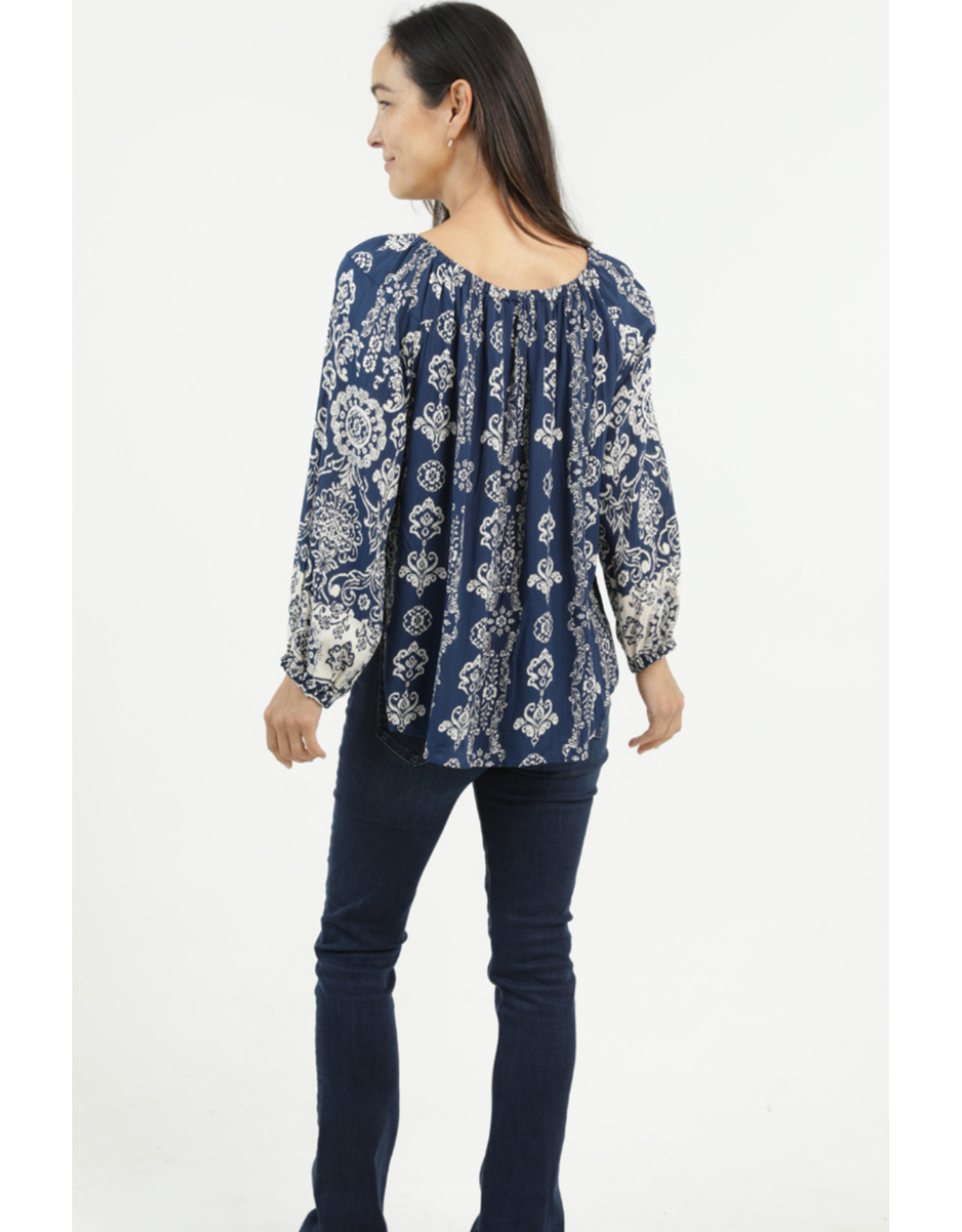 Nostalgia Long Sleeve Scarf Print Top with Keyhole Neckline, Side Tie (Navy)