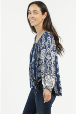 Nostalgia Long Sleeve Scarf Print Top with Keyhole Neckline, Side Tie (Navy)