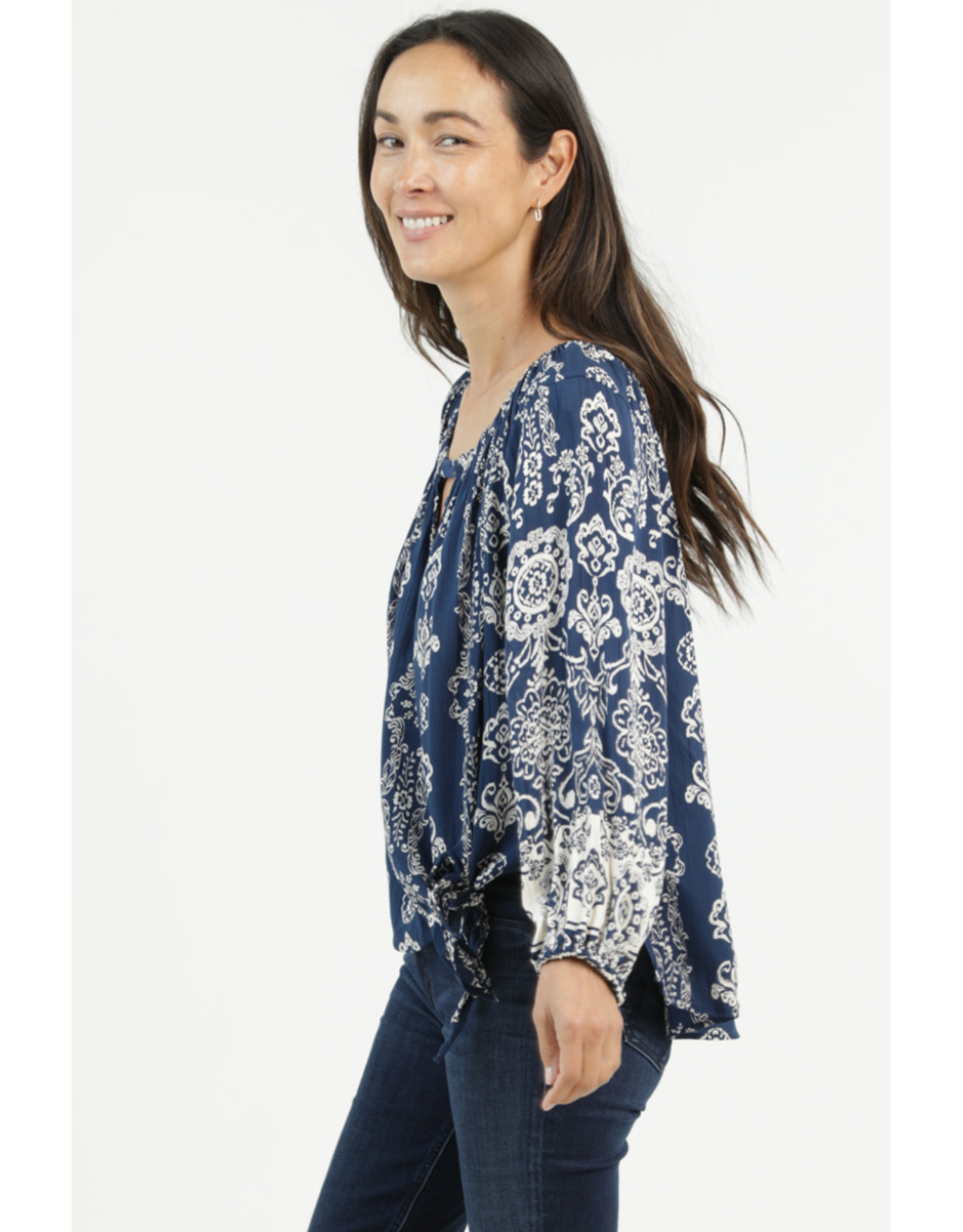 Nostalgia Long Sleeve Scarf Print Top with Keyhole Neckline, Side Tie (Navy)