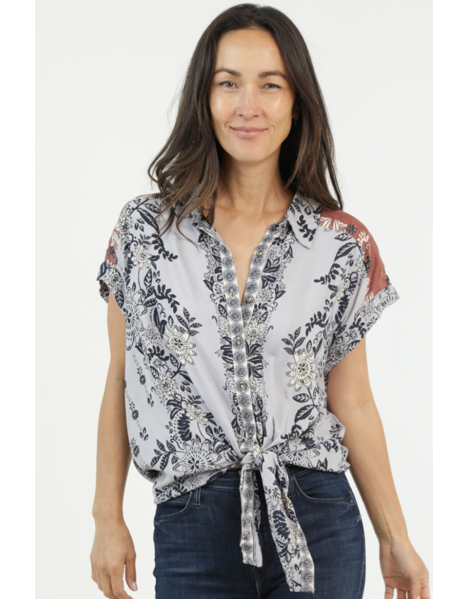Nostalgia Short Sleeve Tie Front Top (Blue)