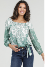 Nostalgia Long Sleeve Top with Side Tie Front (Green)