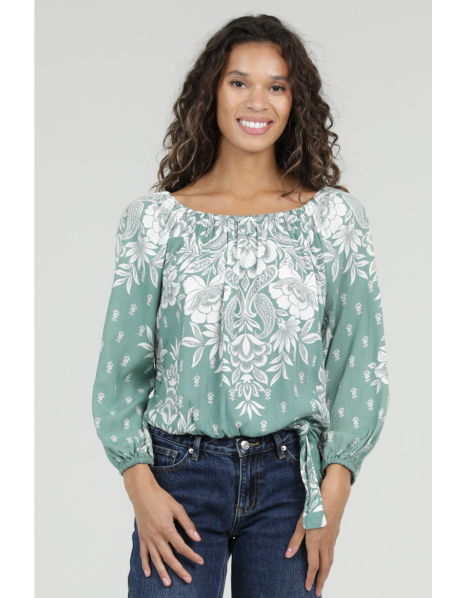Nostalgia Long Sleeve Top with Side Tie Front (Green)