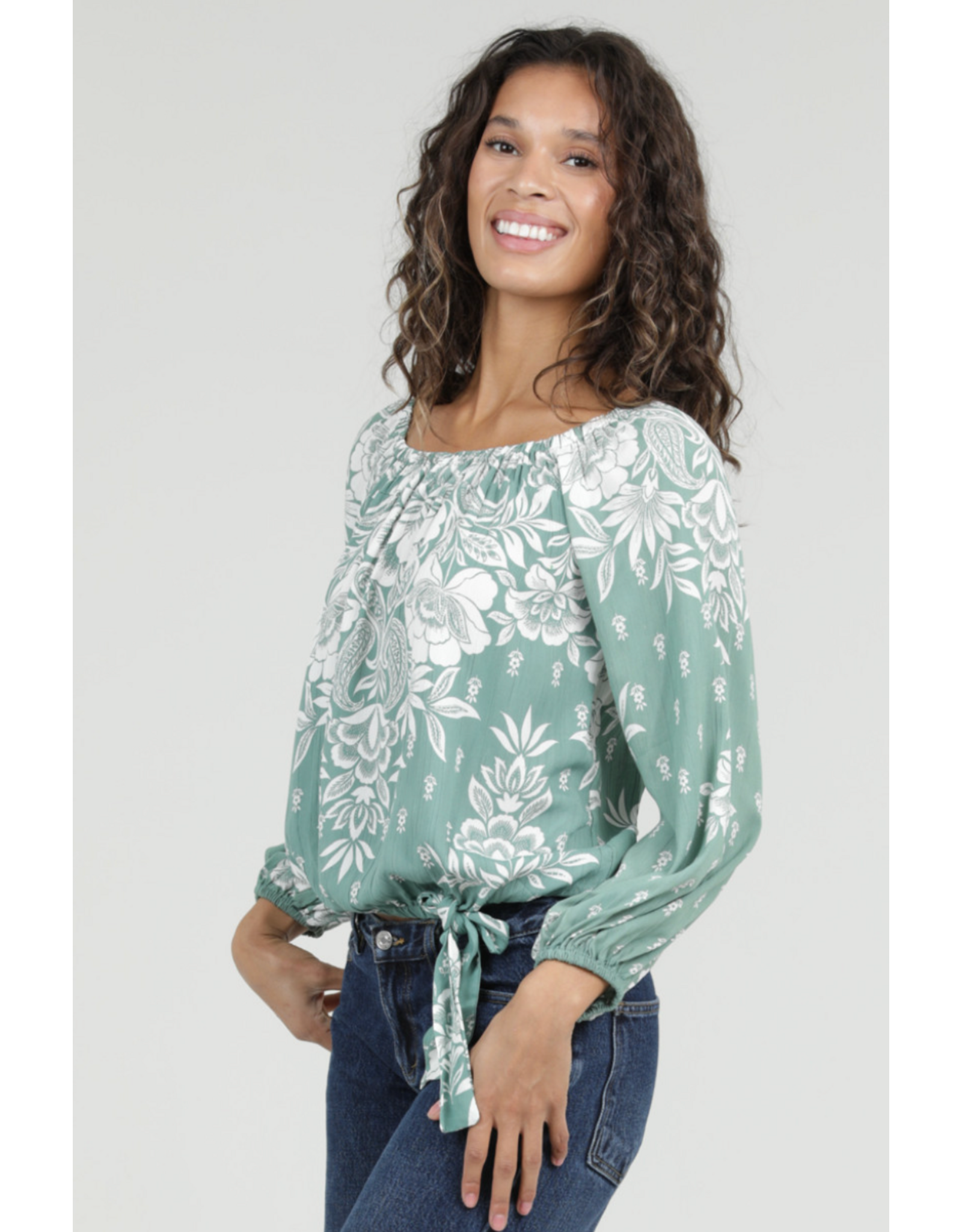 Nostalgia Long Sleeve Top with Side Tie Front (Green)