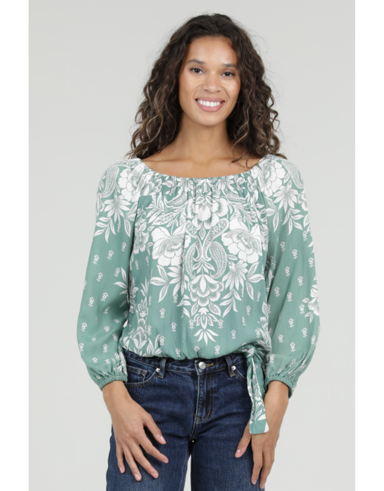 Nostalgia Long Sleeve Top with Side Tie Front (Green)