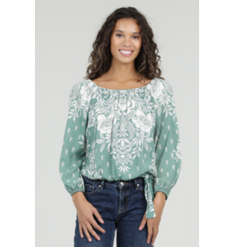 Nostalgia Long Sleeve Top with Side Tie Front (Green)