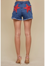 Saints & Hearts Denim Shorts with Star Pocket Patches (Red)