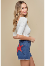 Saints & Hearts Denim Shorts with Star Pocket Patches (Red)