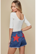 Saints & Hearts Denim Shorts with Star Pocket Patches (Red)