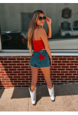 Saints & Hearts Denim Shorts with Star Pocket Patches (Red)