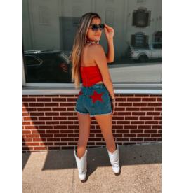 Saints & Hearts Denim Shorts with Star Pocket Patches (Red)