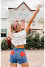 Saints & Hearts Denim Shorts with Star Pocket Patches (Red)