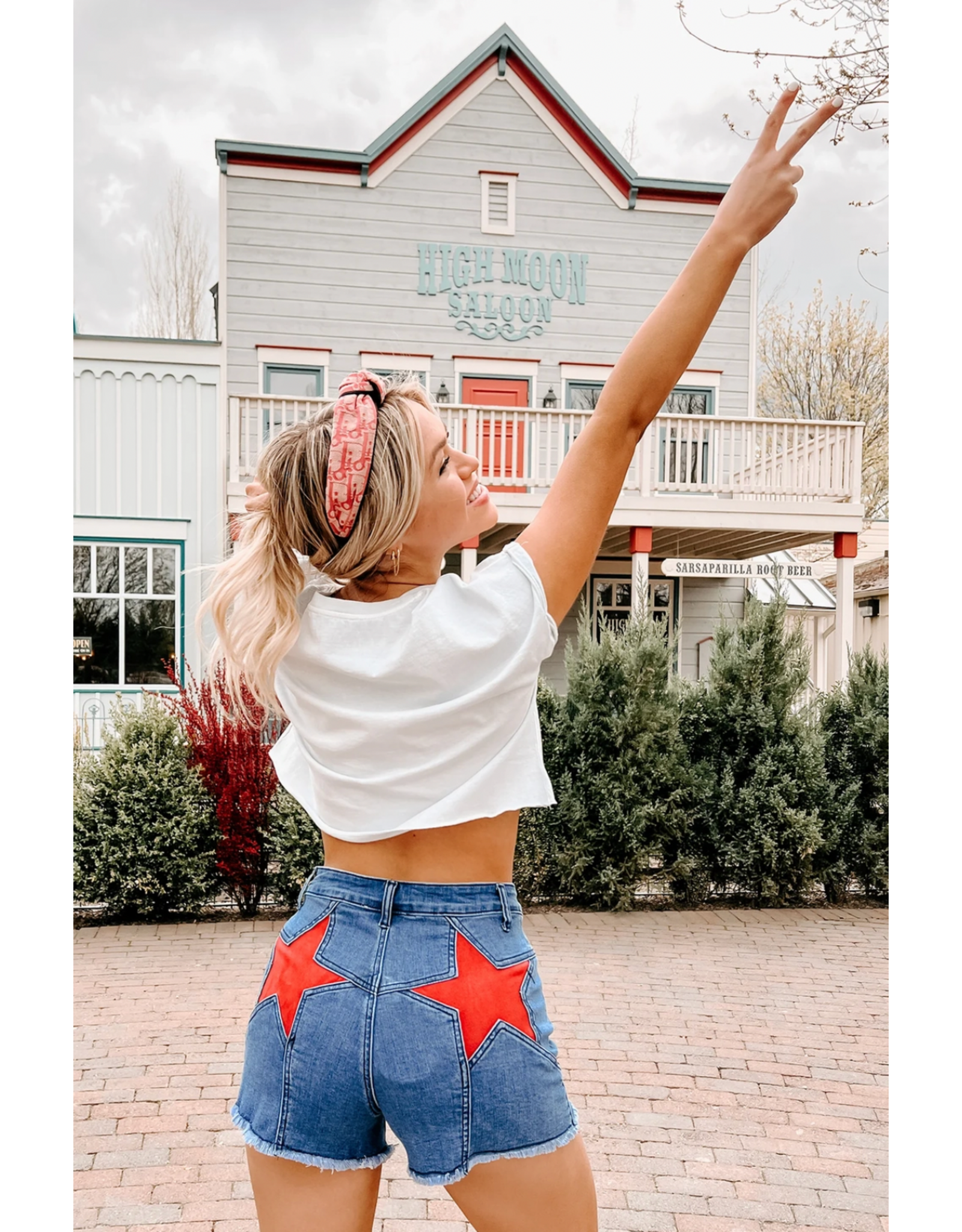 Saints & Hearts Denim Shorts with Star Pocket Patches (Red)