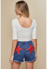 Saints & Hearts Denim Shorts with Star Pocket Patches (Red)